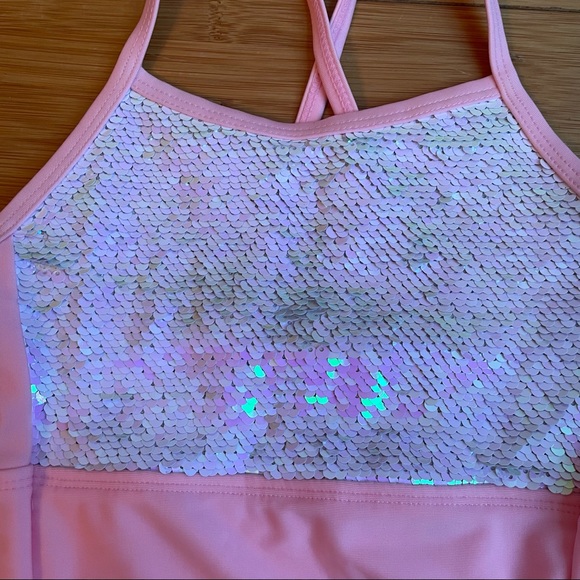 Girls pink one piece swimsuit swim wear sequin sz XS 4/5 - Picture 2 of 5